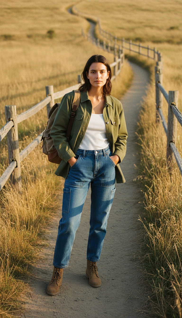 Woman in blue mom jeans with an olive green field jacket and suede desert boots