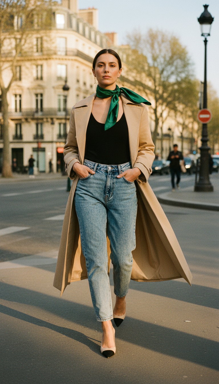 Woman wearing acid-wash blue mom jeans with a longline sand trench coat and slingback pumps