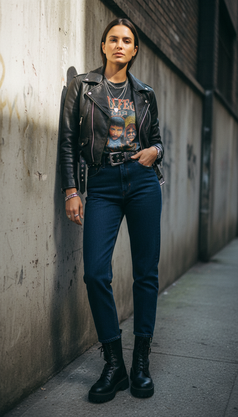 Woman in dark indigo mom jeans with a cropped black leather biker jacket and combat boots