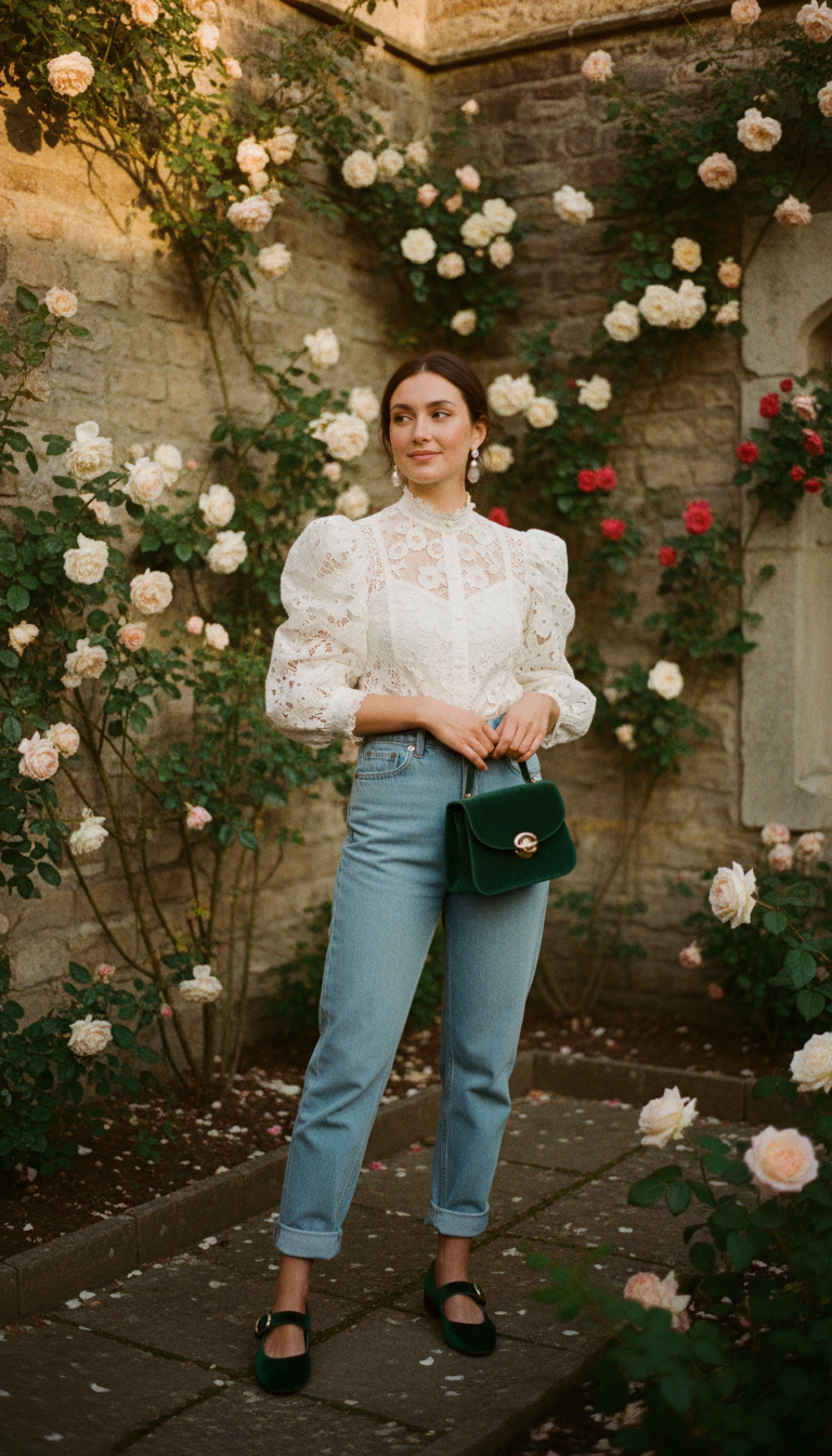 Woman wearing pale blue mom jeans with a white lace blouse and velvet Mary Jane flats