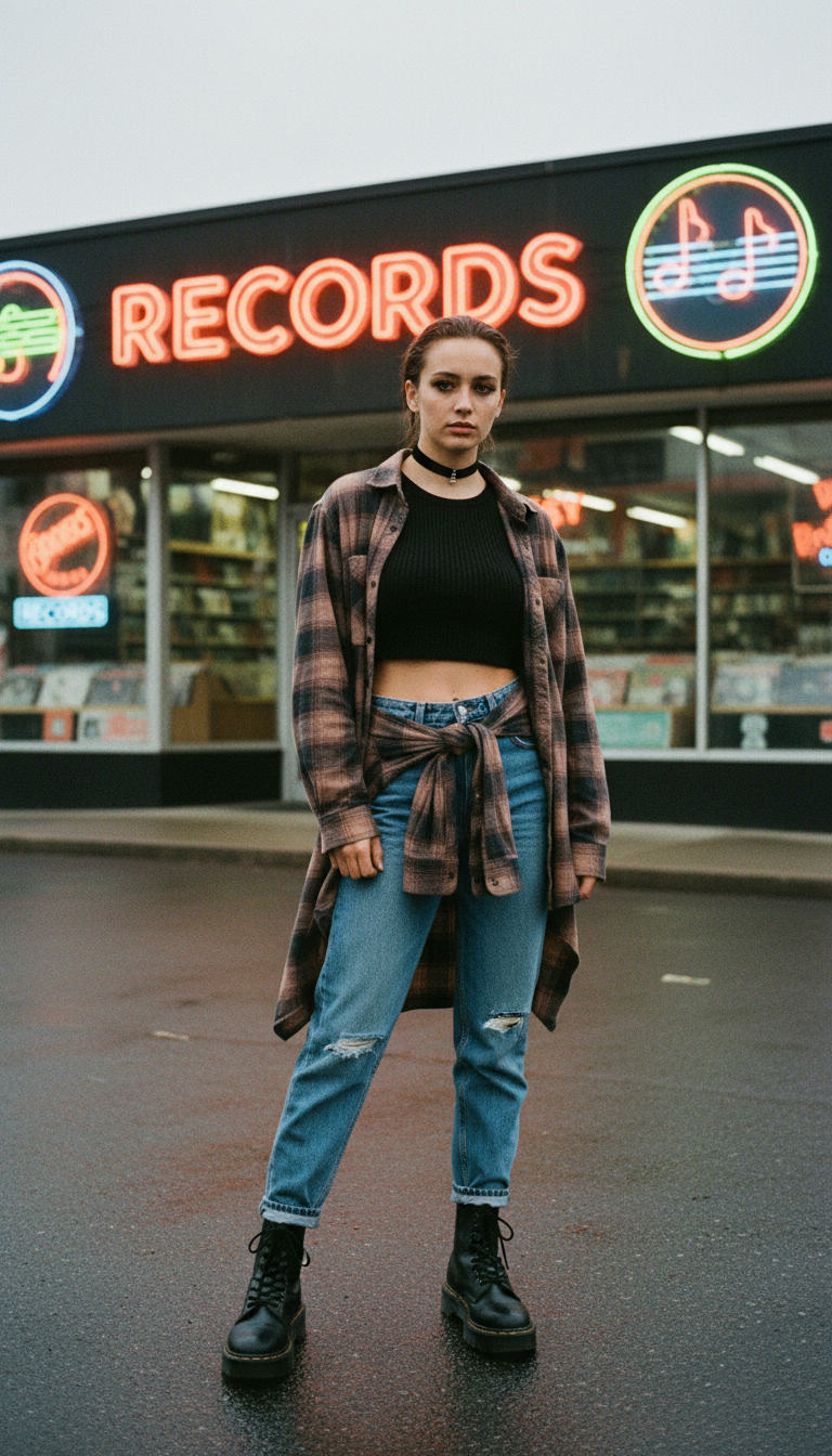 Woman wearing distressed blue mom jeans with an oversized flannel shirt and platform boots