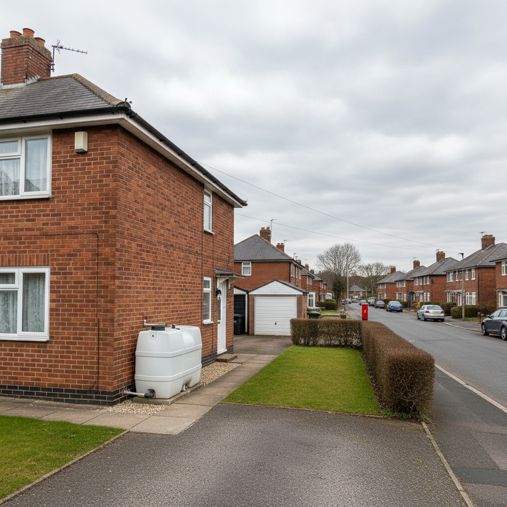 English home with oil boiler and oil tank