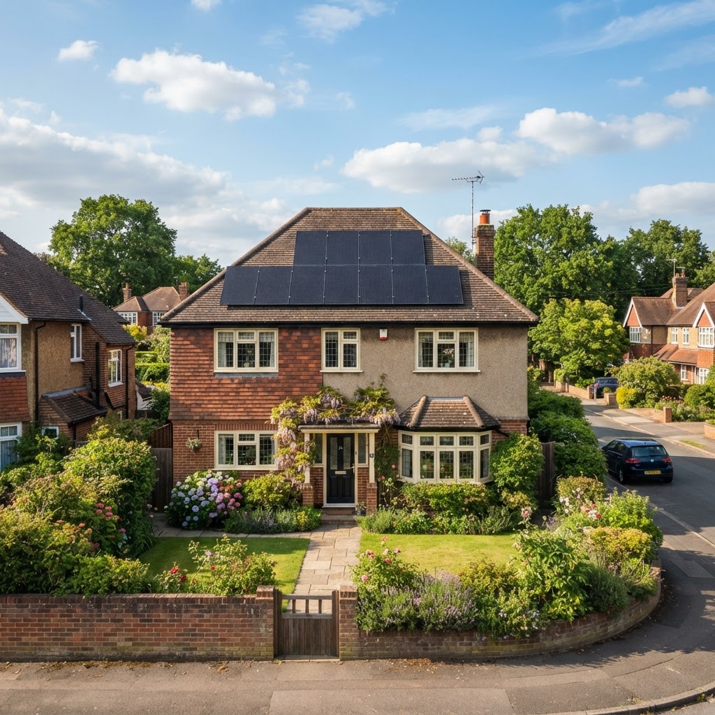 Solar panels fitted to the tiled roof of a British home