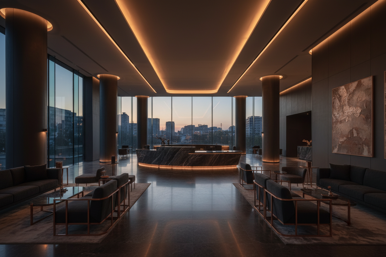 Modern luxury hotel lobby with warm ambient lighting