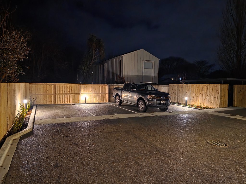 Carpark with bollard lighting at night