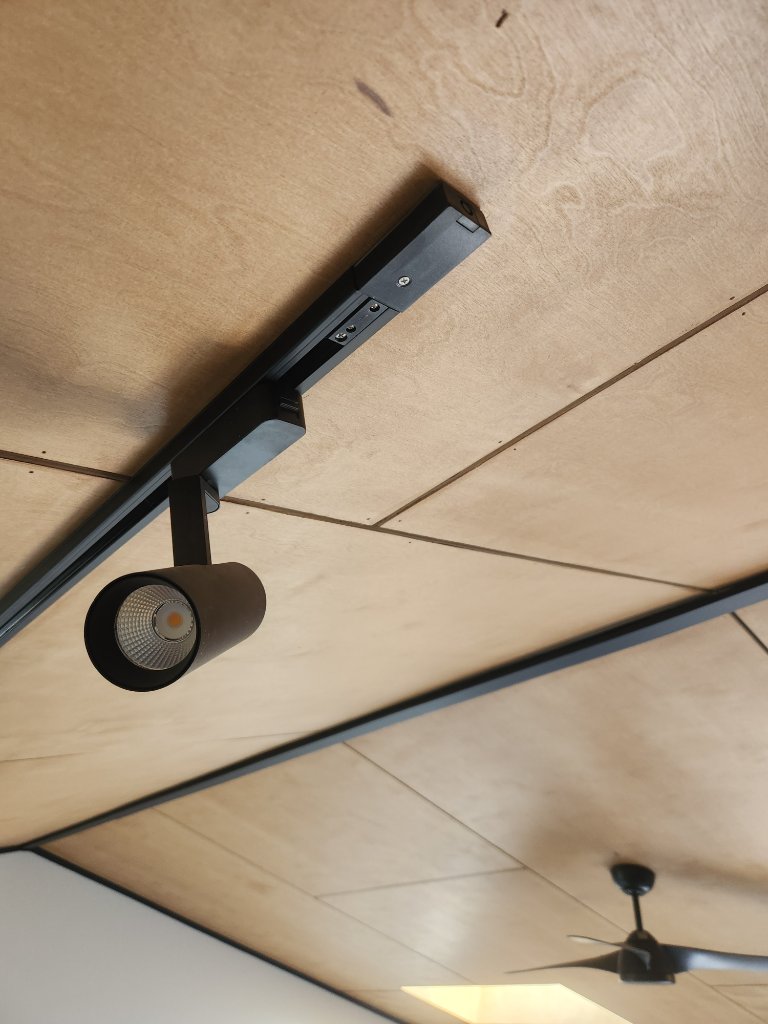 Track spotlight on plywood ceiling