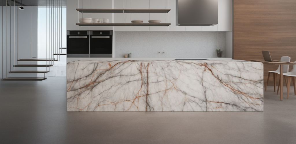Modern kitchen with a dramatic granite waterfall island