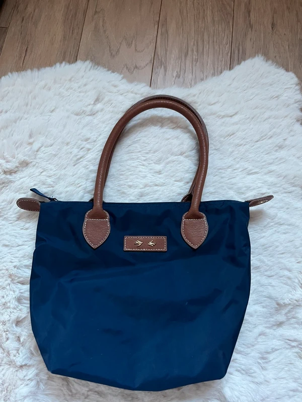 Nylon Shopper Tasche Blau mit Lederhenkeln