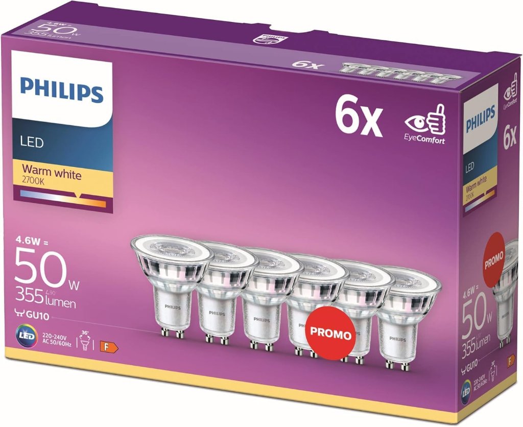 Philips Philips LED GU10 Spots, 6er-Pack – 4,6W (ersetzt 50W), Warmweiß 2700K