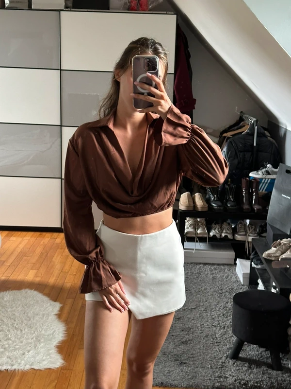 SHEIN Cropped Satin-Bluse mit Ballonärmeln, Braun, Gr. S Size S
