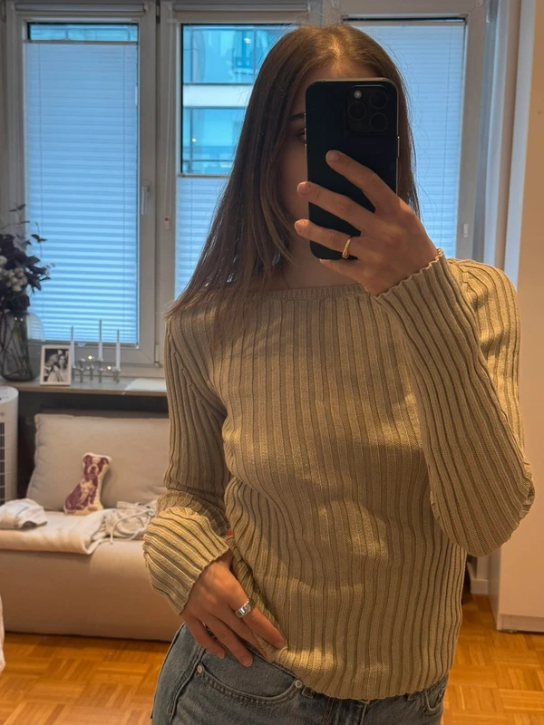 Rippstrick-Pullover, beige, U-Boot-Ausschnitt, Gr. S Size S