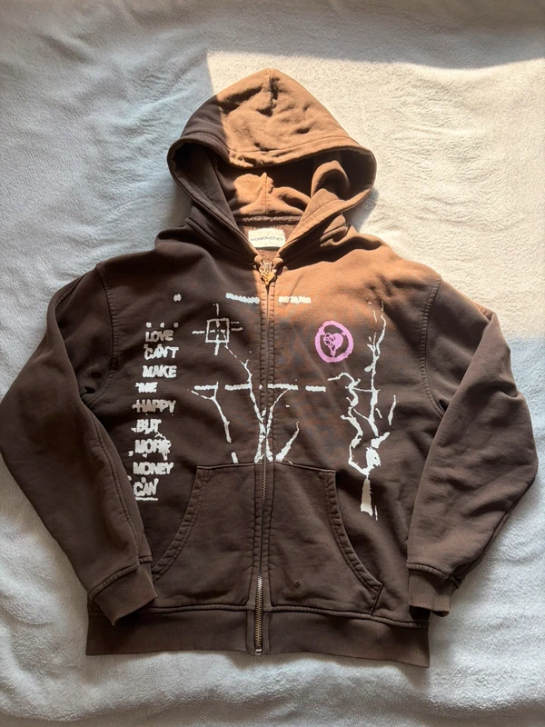Streetwear Brauner Zip-Hoodie mit Print „Love Cant Make Me Happy", Gr. M Size M