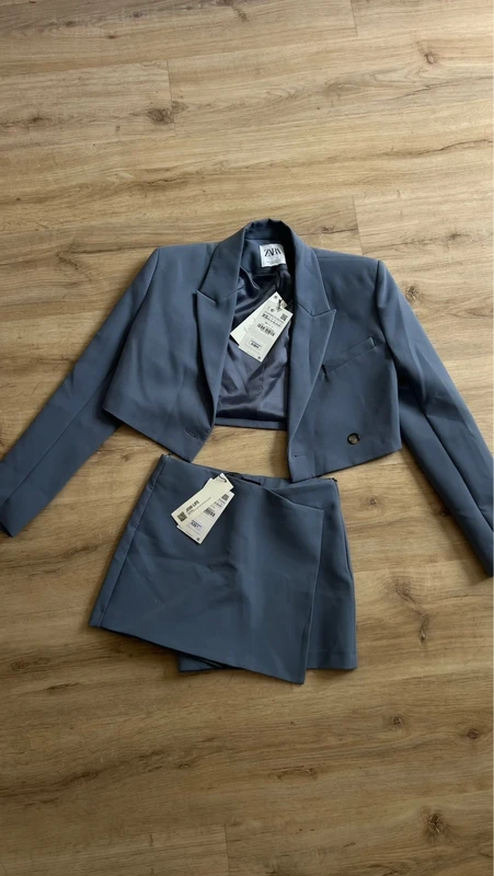 Zara Zara Set: Cropped Blazer + Skort blaugrau – neu mit Etikett, Gr. S Size S