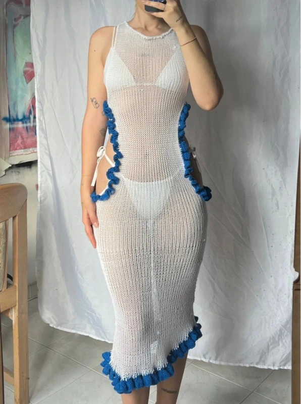 Handmade Strickkleid / Beach Cover-Up mit blauen Rüschen, Gr. S Size S
