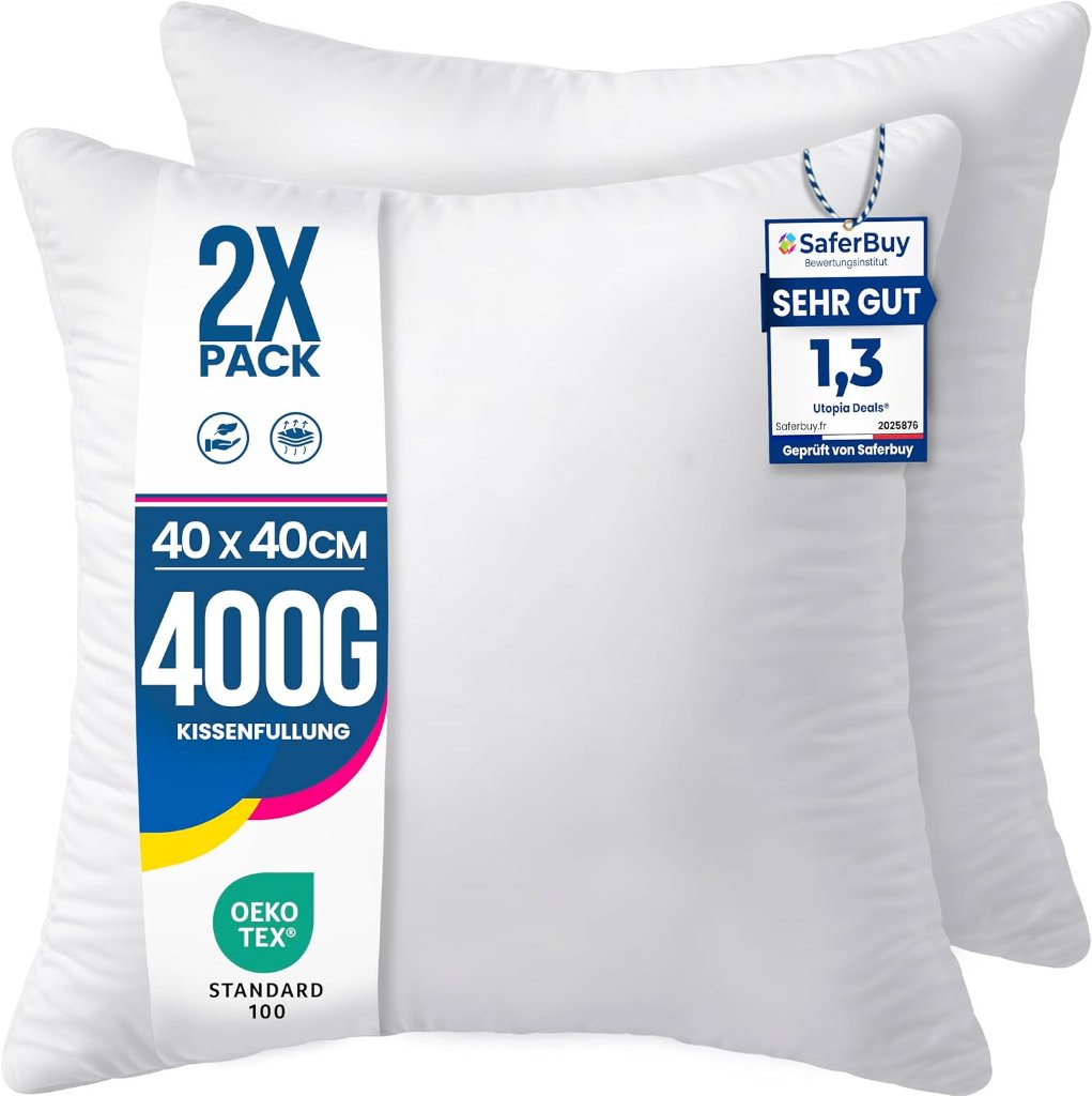 Utopia Deals Füllkissen 40x40 cm, 2er-Pack – 400g Füllung, Öko-Tex