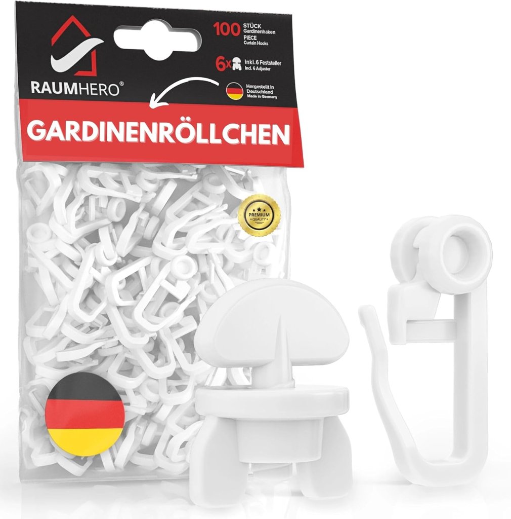 RAUMHERO RAUMHERO Gardinenröllchen, 100 Stück inkl. 6 Feststeller – Weiß