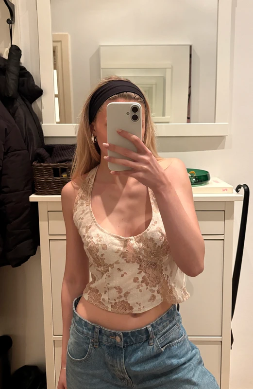 Zara Corsage-Top mit Blumenstickerei, Creme/Beige, Gr. S Size S