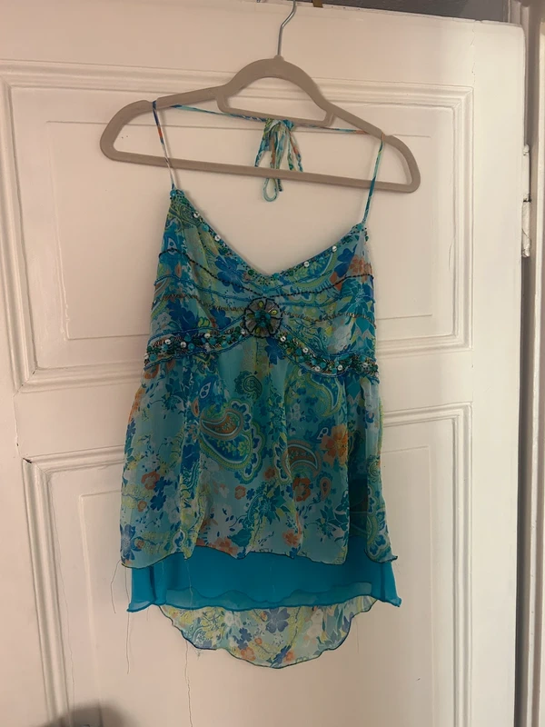 Vintage Türkises Boho-Top mit Paisley-Muster & Perlen – Gr. M, Vintage Size M