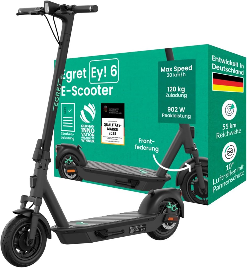 Egret Egret Ey! 6 E-Scooter mit Straßenzulassung, bis 55 km Reichweite, 902 W Spitzenleistung, 120 kg Zuladung, 10-Zoll-Luftreifen mit Pannenschutz, faltbar