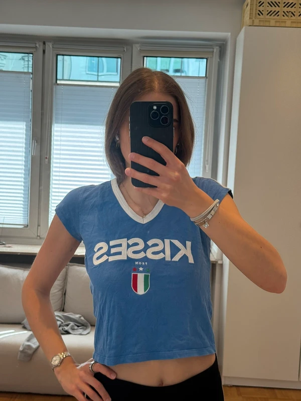 „Kisses from Italy" Crop-Shirt, hellblau, Gr. XS/S Size XS