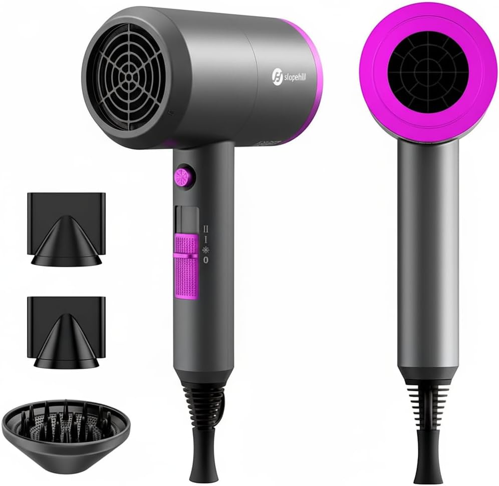 slopehill slopehill Ionen-Haartrockner 1800W – Grau/Pink, mit 3 Aufsätzen
