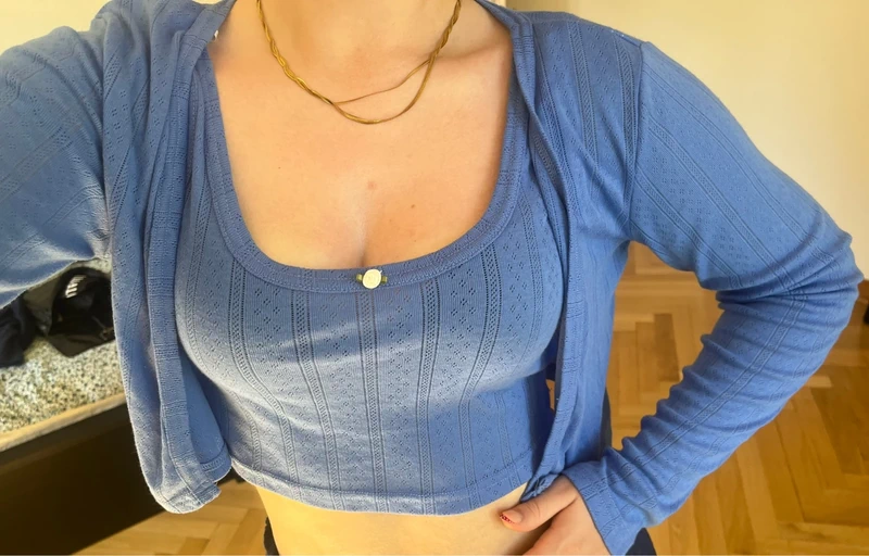 Pointelle Twinset blau – Top & Cardigan, Gr. S Size S