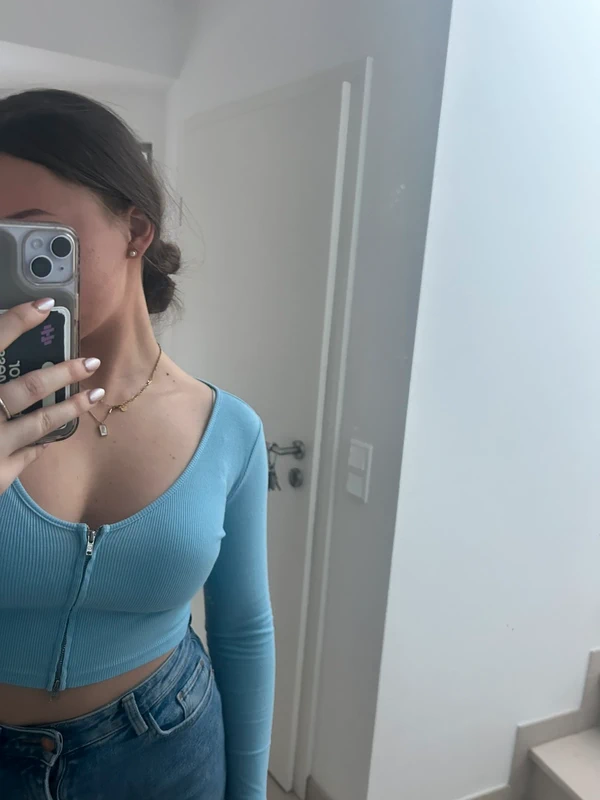 SHEIN Geripptes Zip-Crop-Top langarm, Hellblau, Gr. S Size S