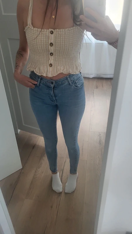 Cropped Smok-Top Beige Gestreift mit Holzknöpfen Gr. S Size S