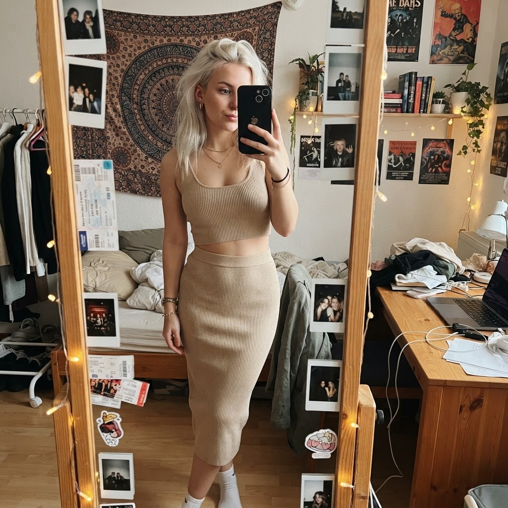 Bershka Zweiteiler Set beige (Crop Top + Rock) Size XS