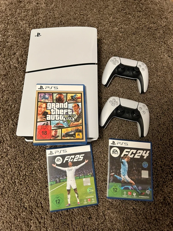 Sony PS5 Slim + 2 DualSense Controller + GTA V, FC 24 & FC 25