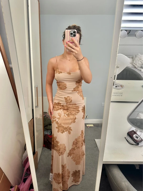 Ohne Marke Mesh-Maxikleid Beige mit Blumenprint, Gr. S Size S