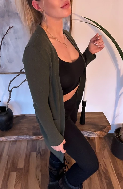 Zara Cardigan Khaki Oliv, offener Schnitt mit Taschen, Gr. S/M Size S