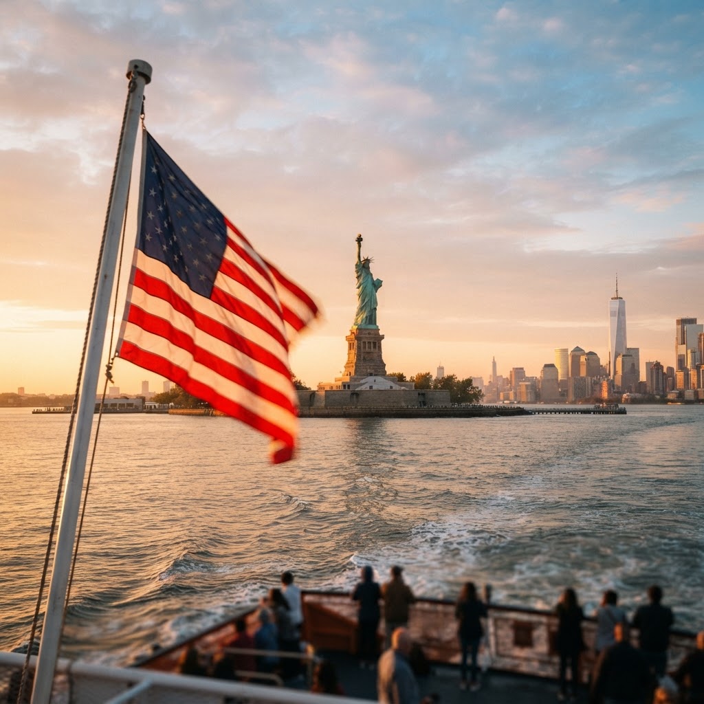 Statue de la Liberté et drapeau américain — loterie Green Card