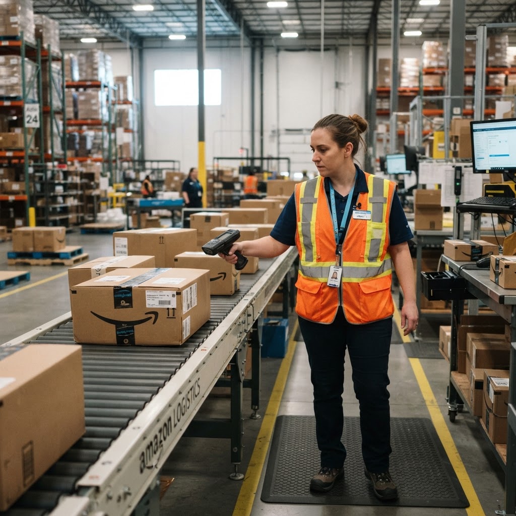 Associé Amazon scannant des colis dans un centre logistique