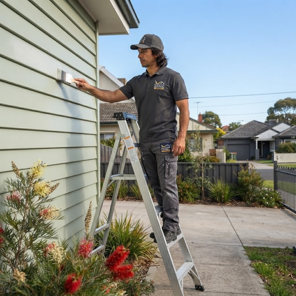 Uniformed Melbourne Central Painting painter on a ladder painting house siding