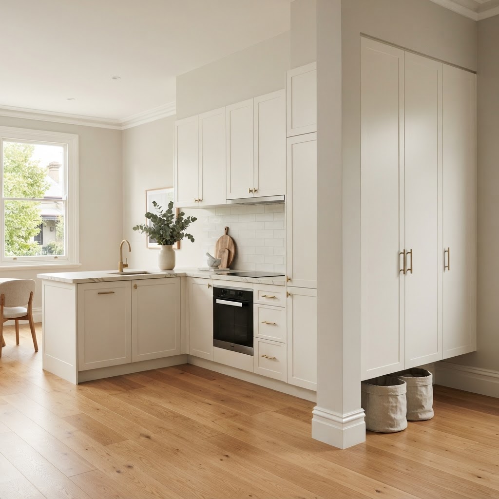 Freshly painted kitchen cabinets and wardrobe