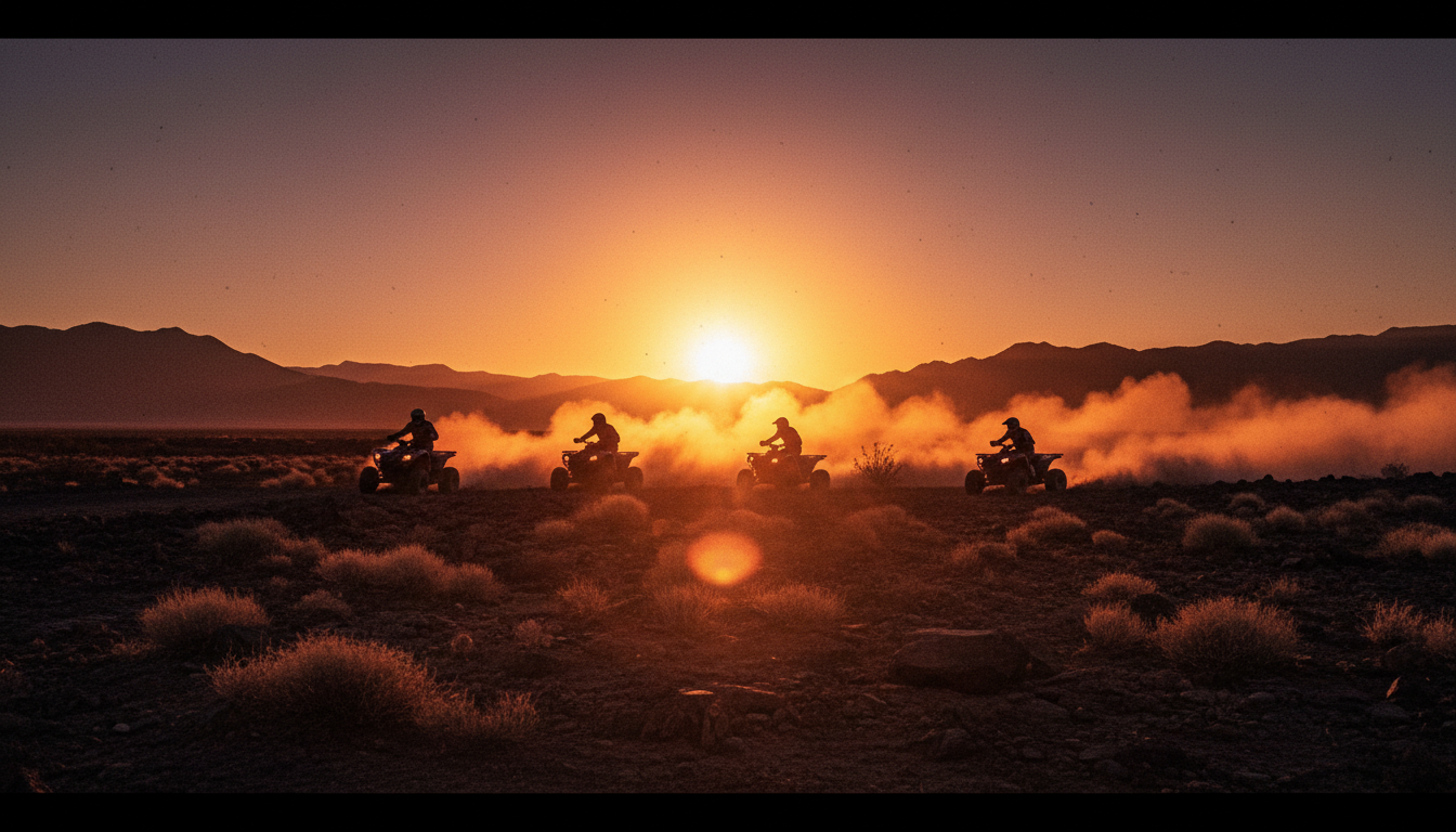 ATVs kicking up volcanic dust at sunset