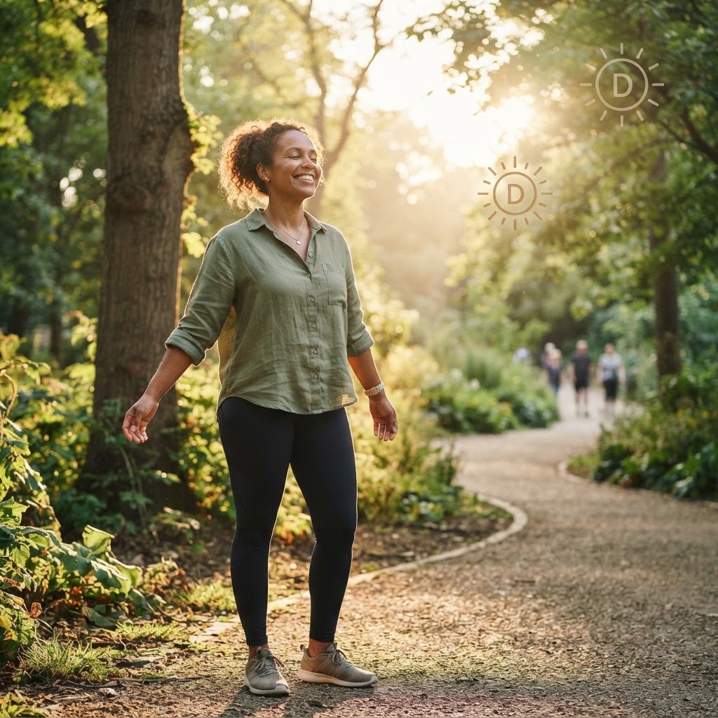 Adult enjoying safe morning sunlight, representing vitamin D health
