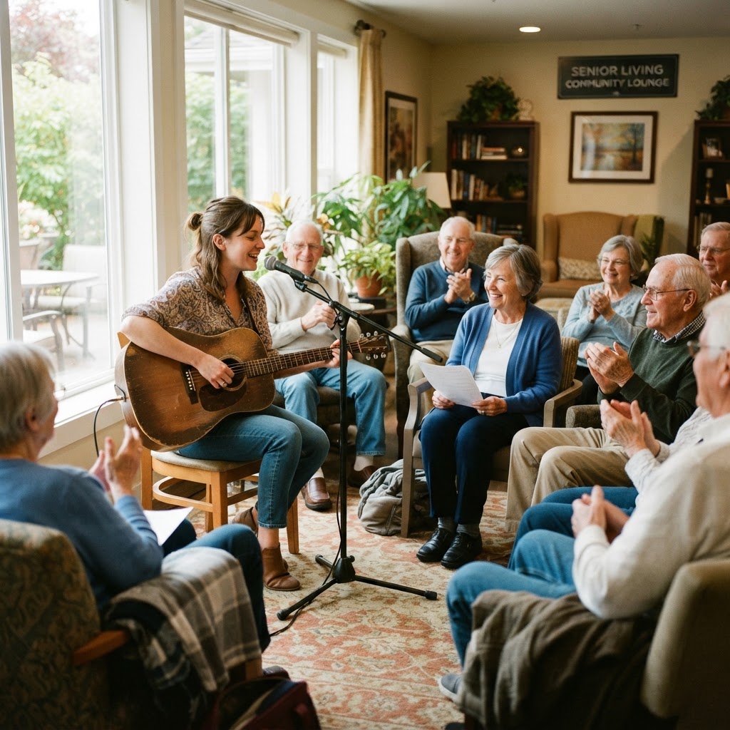 A volunteer musician playing acoustic guitar for older adults in a senior living lounge