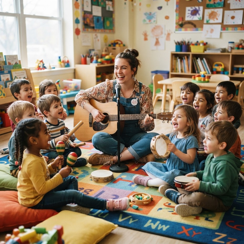 A musician leading a sing-along with children playing percussion instruments in a daycare
