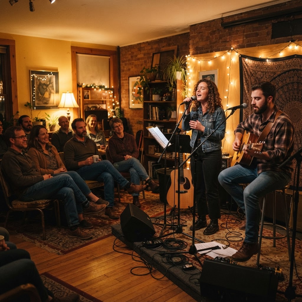 An intimate acoustic performance for a small group in a community room