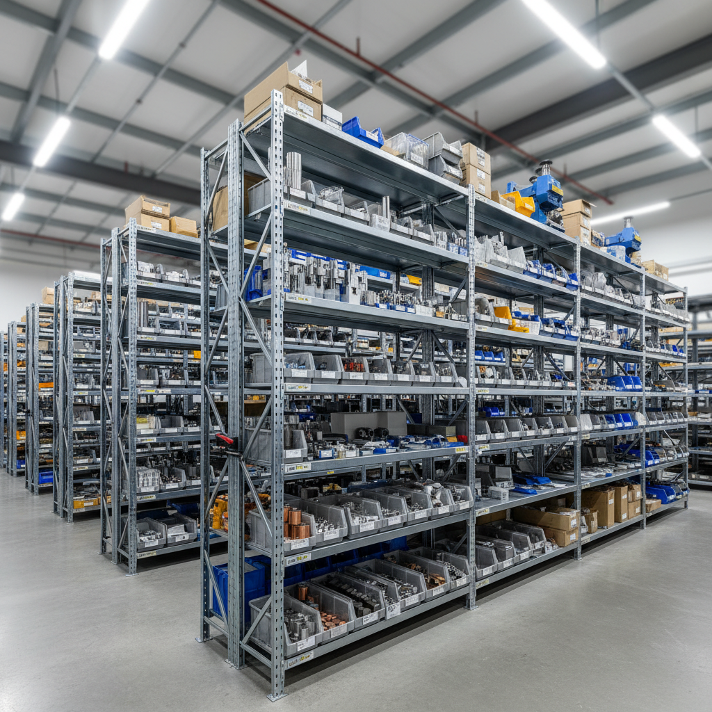 Interior de armazém industrial com prateleiras de ímãs e componentes magnéticos organizados