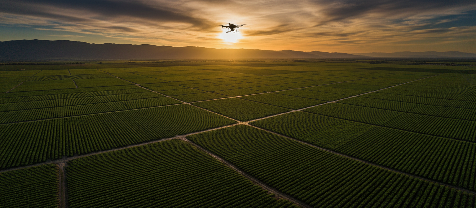Aerial view of California Central Valley farmland at golden hour