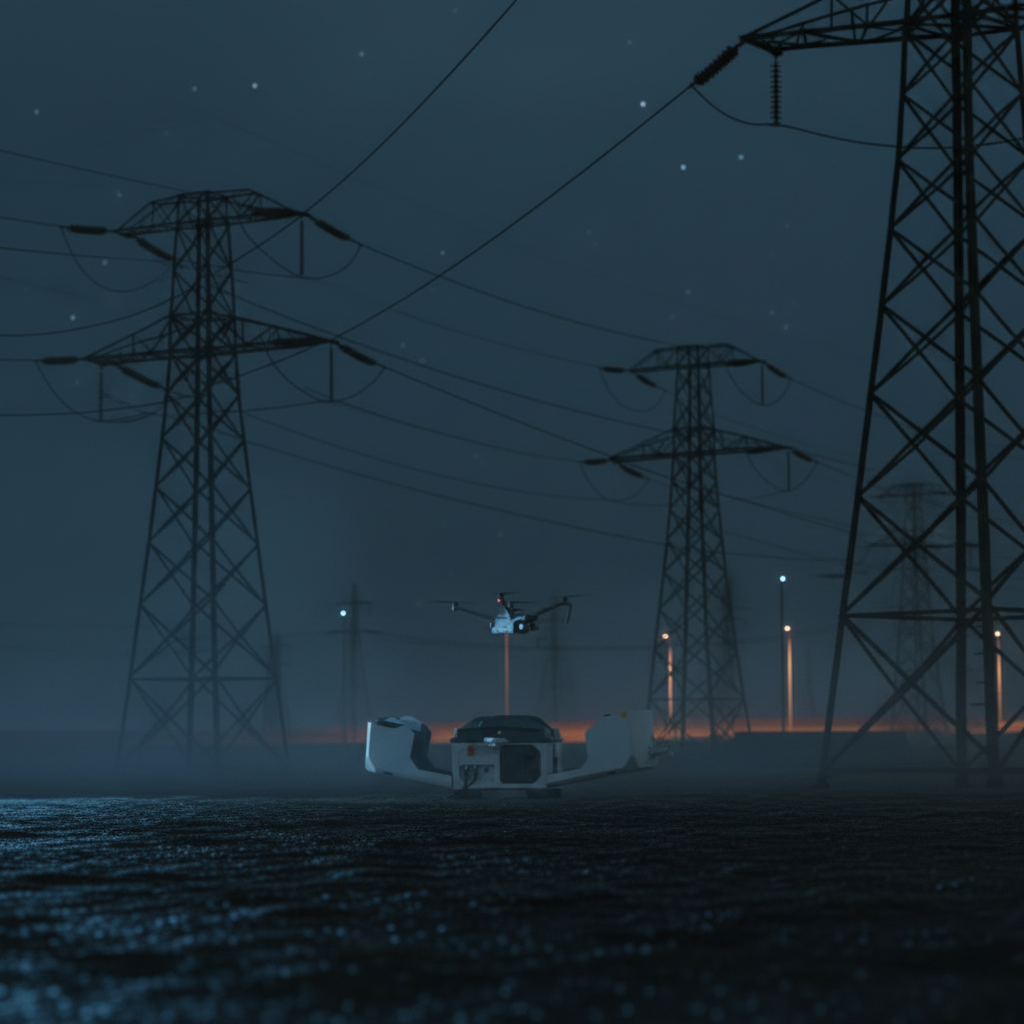 DJI Drone Dock 3 autonomous docking station at dusk with glowing internal lights