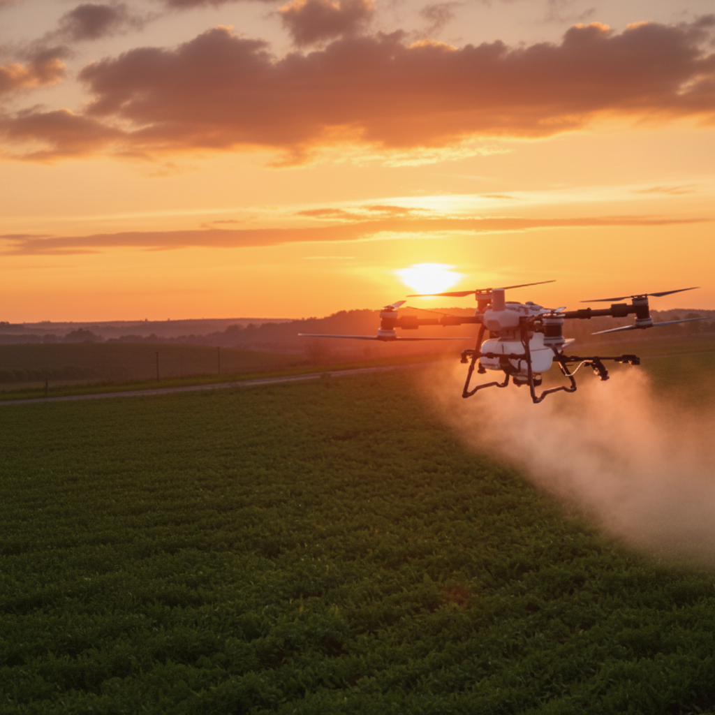 DJI Agras T100 hexacopter spraying a Central Valley crop field at golden hour