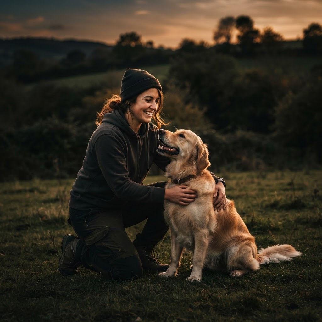 301 K-9 trainer standing with a black dog in a field