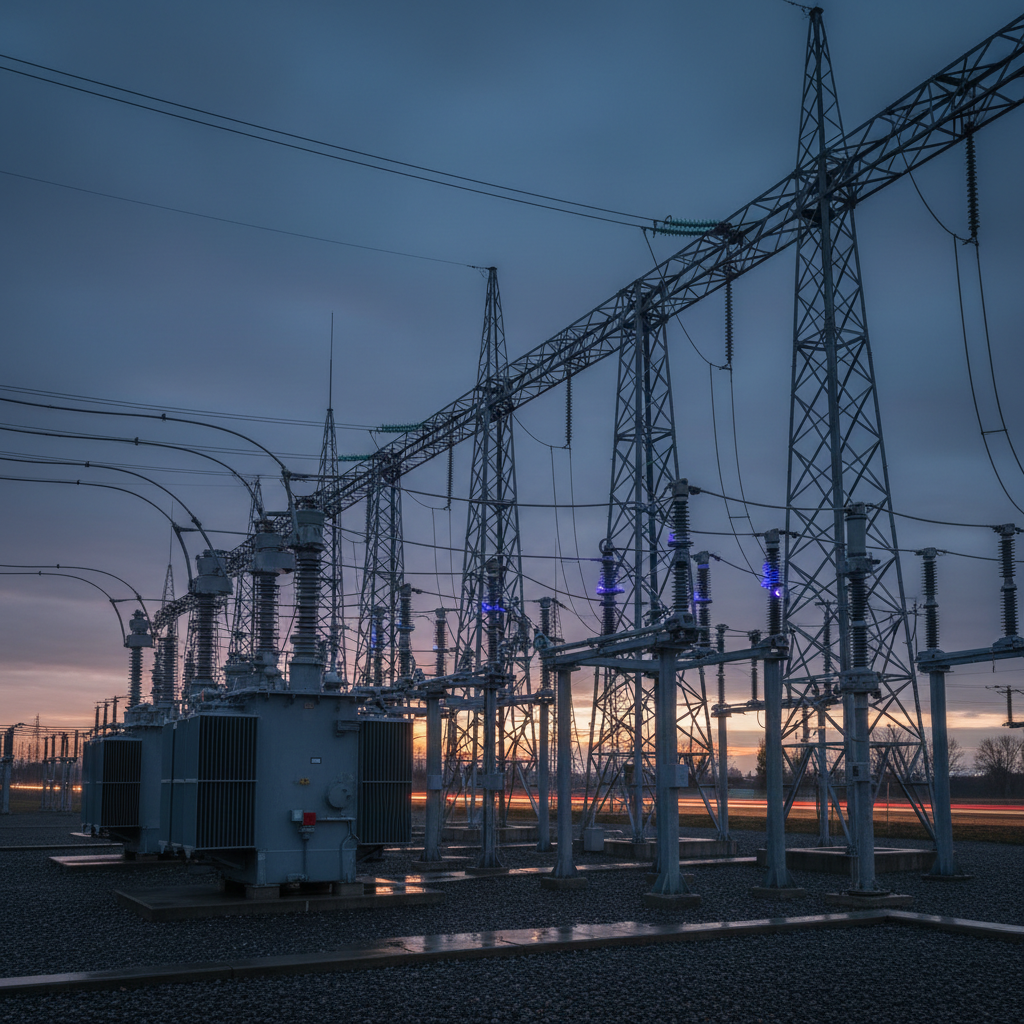 High-voltage regulated energy substation at dusk