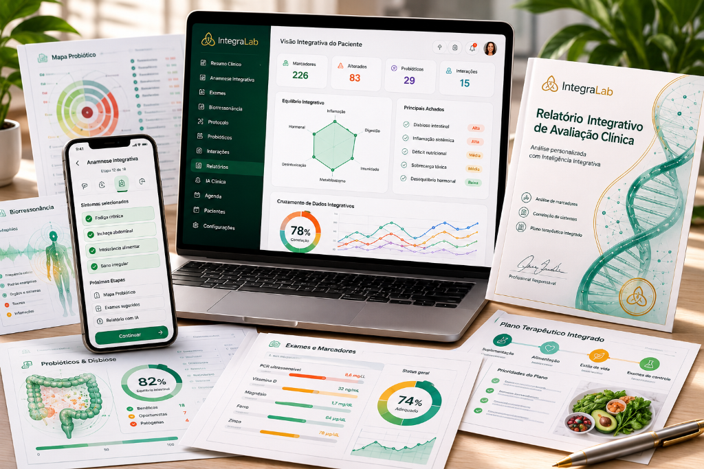 Plataforma IntegraLab — dashboard, app mobile e relatórios clínicos