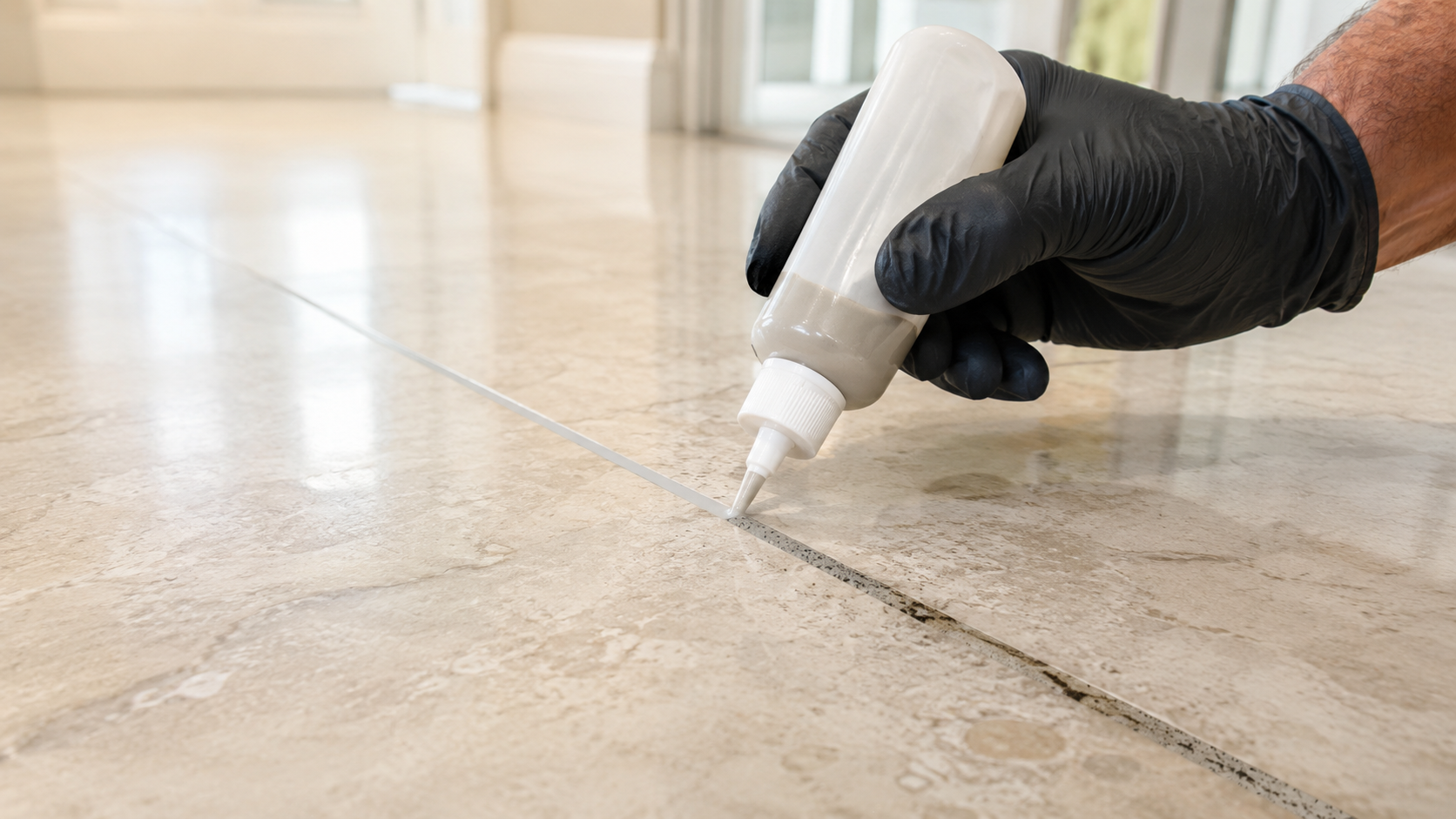 Technician applying grout color sealer to restore a stained grout line