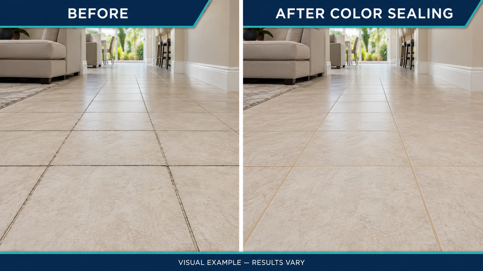 Illustrative before-and-after comparison showing uneven discolored grout and a uniform warm-sand appearance after grout color sealing.